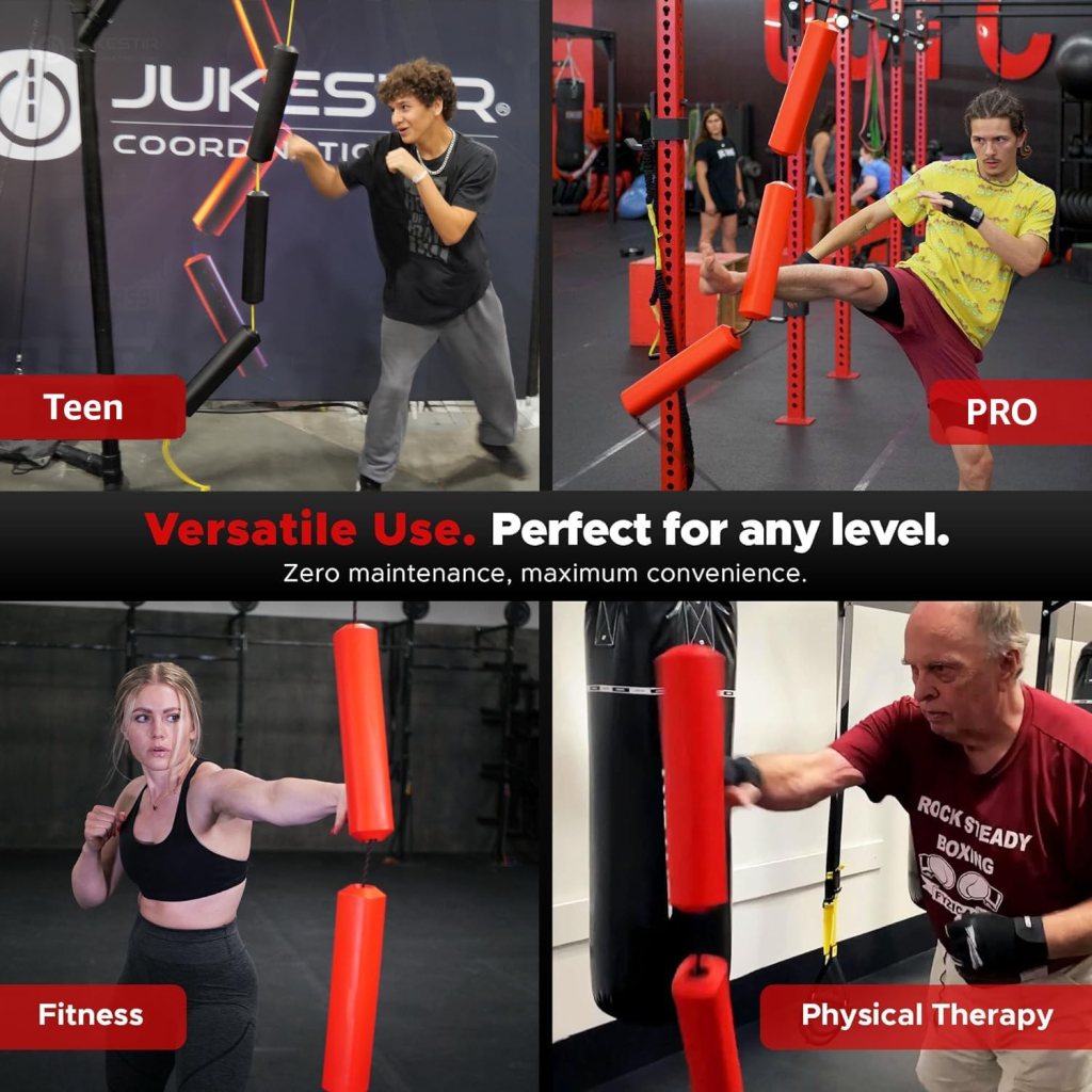 A collage showing different individuals using workout equipment designed for coordination training. The top left features a teenage boy practicing his technique, while the top right shows a professional athlete demonstrating a kick. The bottom left displays a woman engaged in a fitness routine, and the bottom right features an older man participating in a boxing session for physical therapy. Each section is labeled accordingly.