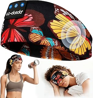 A colorful headband featuring butterfly designs, shown in use by a woman exercising and another woman lying down, showcasing its versatility for fitness and relaxation.
